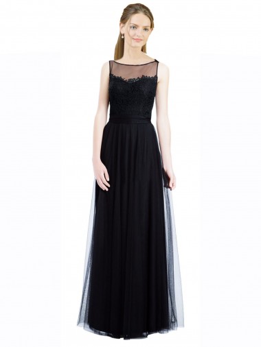 Preto Linha A Barco Tule & Renda Longo Vestidos de Madrinha Outlet