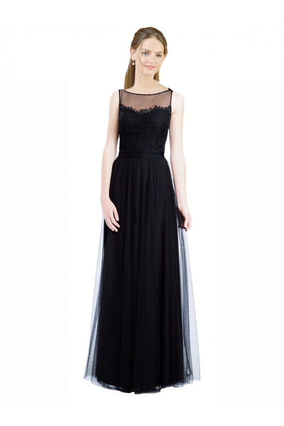 Preto Linha A Barco Tule & Renda Longo Vestidos de Madrinha Outlet