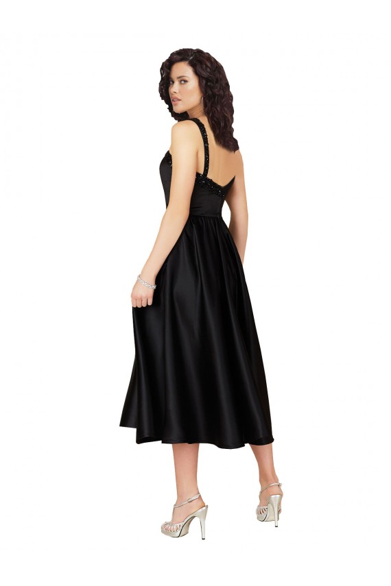 Preto Linha A Decote Quadrado Cetim Curto Vestidos de Madrinha / Vestidos de Festa Outlet