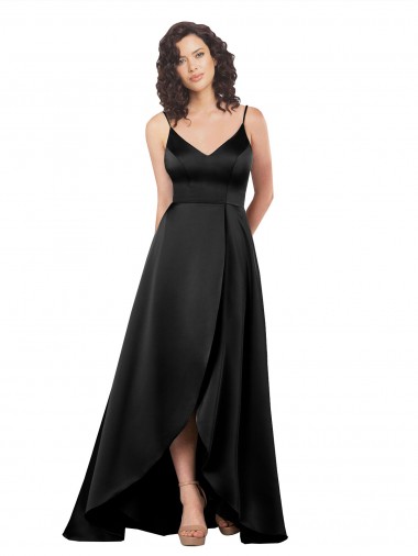 Preto Linha A Decote V Alto Baixo Cetim Sedoso Longo Alto Baixo Formais Vestidos de Madrinha / Vestidos de Festa Outlet