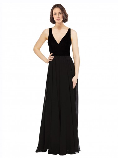Preto Linha A Decote V Chiffon & Veludo Longo Vestidos de Madrinha / Vestidos de Festa Outlet