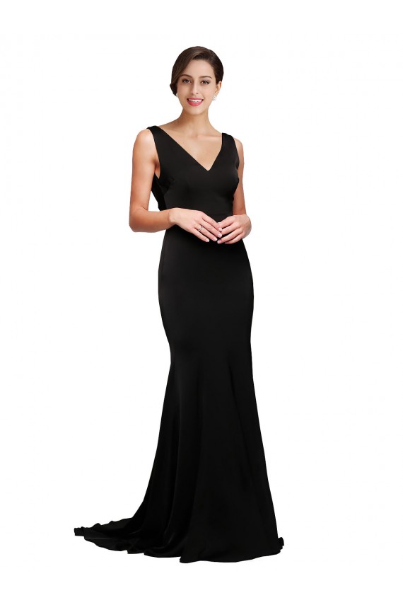 Preto Linha A Decote V Comboio Varredela Cetim Sedoso Longo Formais Vestidos de Madrinha / Vestidos de Festa Outlet