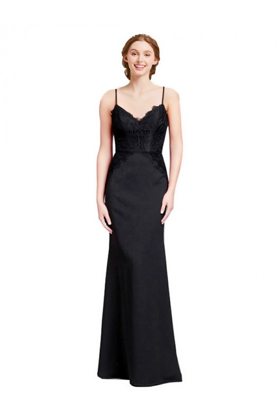 Preto Sereia Alças finas Crepe Esticado Longo Vestidos de Madrinha / Vestidos de Festa Outlet