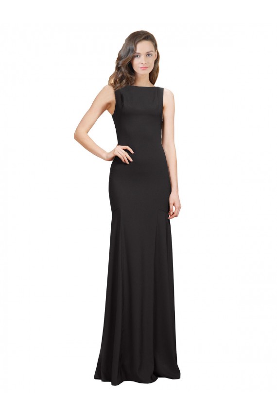 Preto Sereia Barco Crepe Esticado Longo Vestidos de Madrinha / Vestidos de Festa Outlet