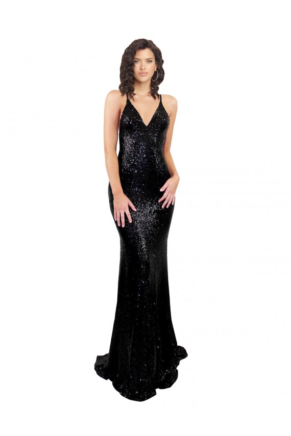 Preto Sereia Decote V Lantejoulas Longo Formais Vestidos de Madrinha / Vestidos de Festa Outlet