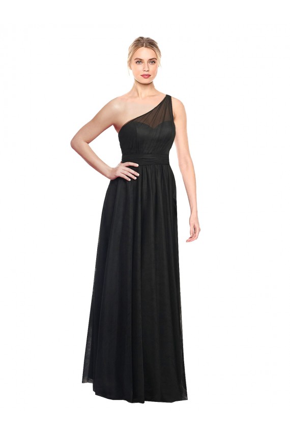 Preto Tule Linha A Sem Mangas Um Ombro Longo Vestidos de Madrinha Outlet