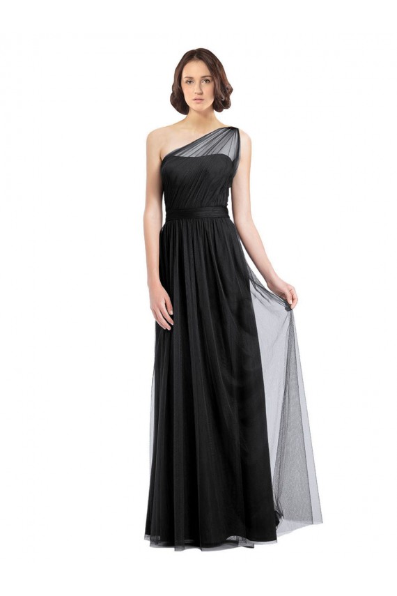 Preto Tule Linha A Um Ombro Longo Vestidos de Madrinha Outlet