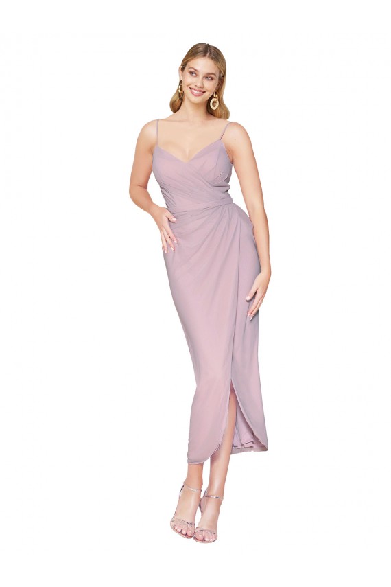 Prímula Sereia Alças finas Alto Baixo Chiffon Curto Alto Baixo Vestidos de Madrinha / Vestidos de Festa Outlet