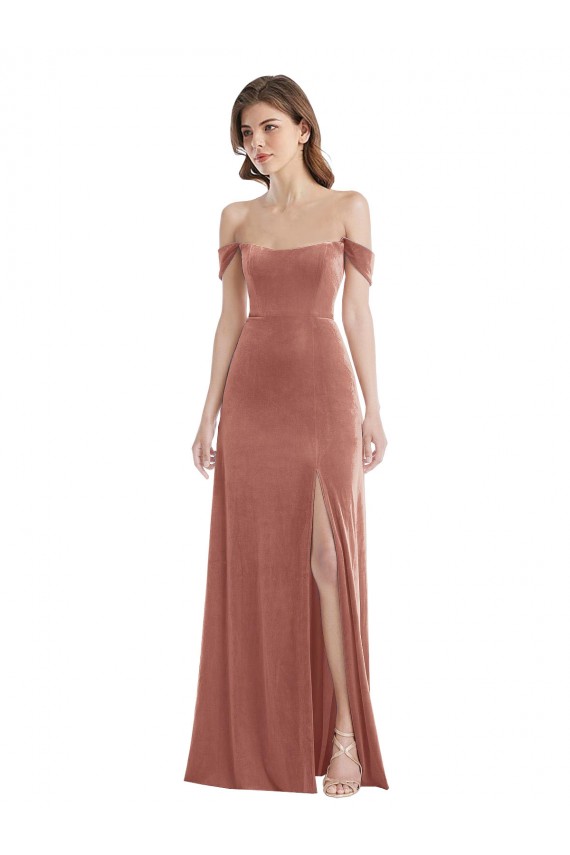 Rosa Canela Linha A Fora do Ombro Veludo Elástico Longo Vestidos de Madrinha / Vestidos de Festa Outlet
