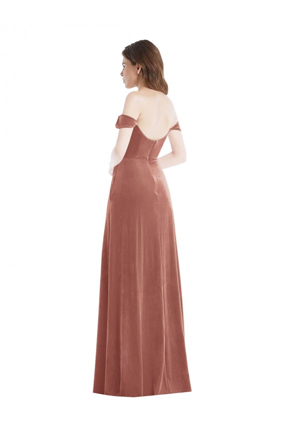 Rosa Canela Linha A Fora do Ombro Veludo Elástico Longo Vestidos de Madrinha / Vestidos de Festa Outlet