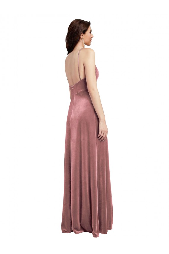 Rosa Canela Veludo Elástico Linha A Lombar Decote V Longo Formais Vestidos de Madrinha / Vestidos de Noite / Vestidos de Festa Outlet