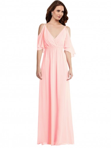 Rosa Chiffon Linha A Ombro Frio Decote V Longo Vestidos de Madrinha Outlet