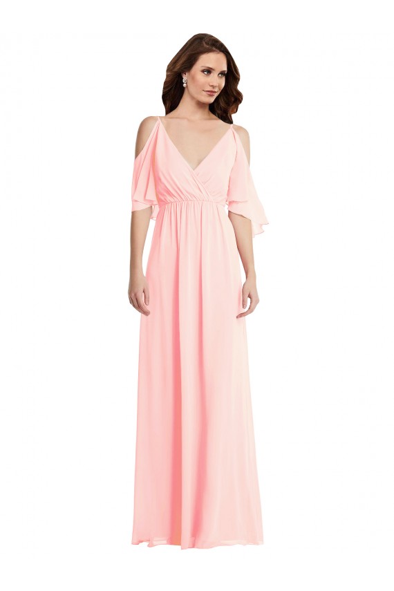 Rosa Chiffon Linha A Ombro Frio Decote V Longo Vestidos de Madrinha Outlet