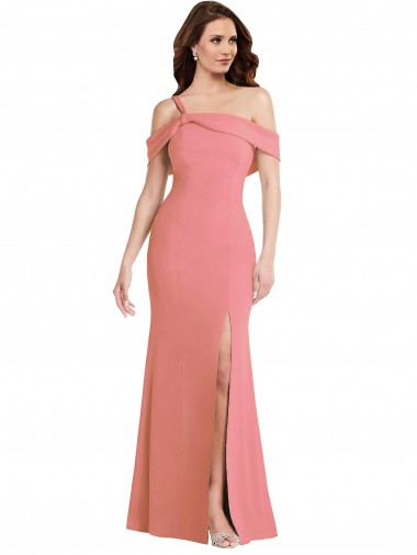 Rosa Choque Trombeta Um Ombro Crepe Esticado Longo Vestidos de Madrinha / Vestidos de Festa Outlet