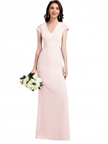 Rosa Crepe Esticado Linha A Decote V Longo Formais Vestidos de Madrinha / Vestidos de Noite / Vestidos de Festa Outlet