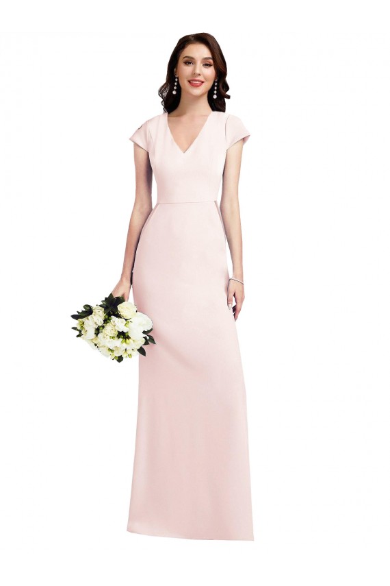 Rosa Crepe Esticado Linha A Decote V Longo Formais Vestidos de Madrinha / Vestidos de Noite / Vestidos de Festa Outlet