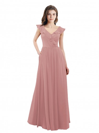 Rosa Empoeirado Chiffon Linha A Costas em V Decote V Longo Vestidos de Madrinha Outlet