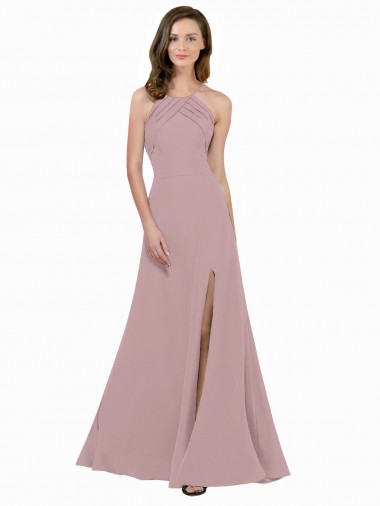 Rosa Empoeirado Linha A Decote Joia Crepe Esticado Longo Vestidos de Madrinha / Vestidos de Festa Outlet