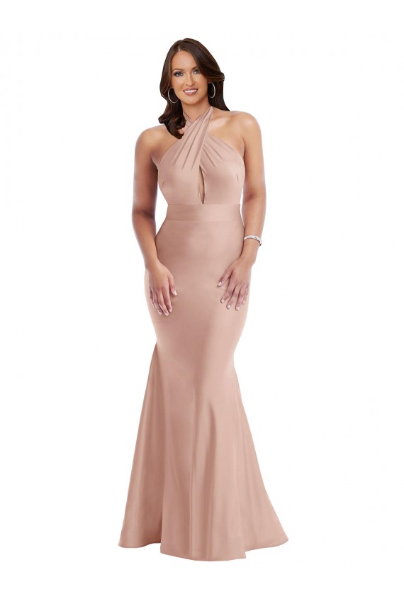 Rosa Empoeirado Sereia Cabeçada Cetim Sedoso Longo Formais Vestidos de Madrinha / Vestidos de Festa Outlet
