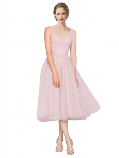 Rosa Linha A Decote V Comprimento Chá Tule Curto Vestidos de Madrinha / Vestidos de Homecoming Outlet