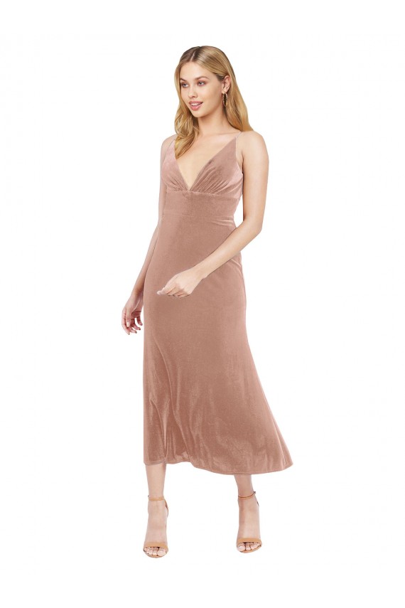 Rosa Linha A Decote V Comprimento Midi Veludo Elástico Curto Vestidos de Madrinha / Vestidos de Festa Outlet