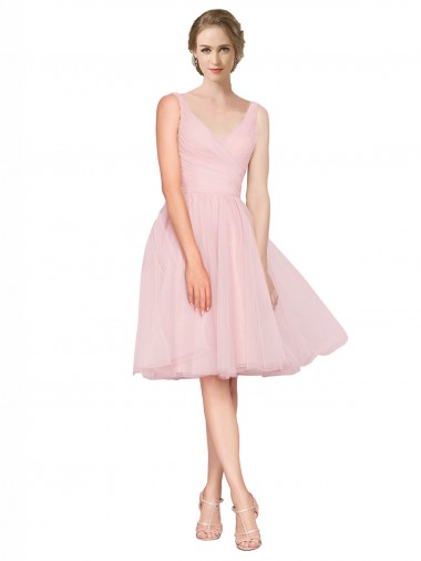 Rosa Linha A Decote V Tule Curto Vestidos de Madrinha / Vestidos de Homecoming Outlet