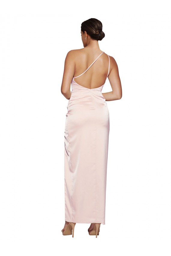 Rosa Linha A Um Ombro Cetim Sedoso Longo Vestidos de Madrinha / Vestidos de Festa Outlet