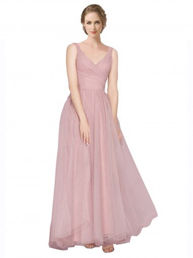 Rosa Tule Linha A Costas em V Decote V Longo Vestidos de Madrinha Outlet
