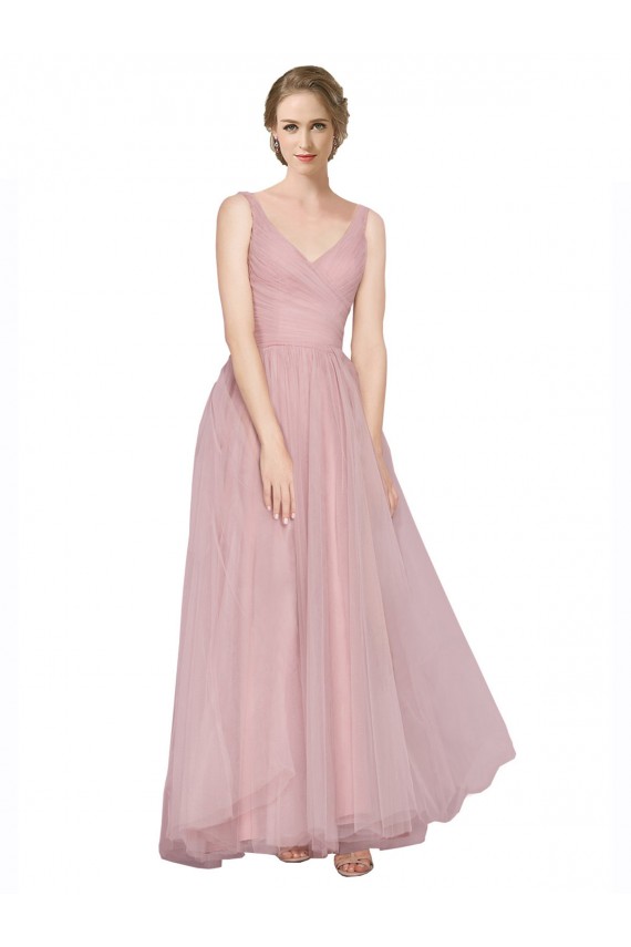 Rosa Tule Linha A Costas em V Decote V Longo Vestidos de Madrinha Outlet