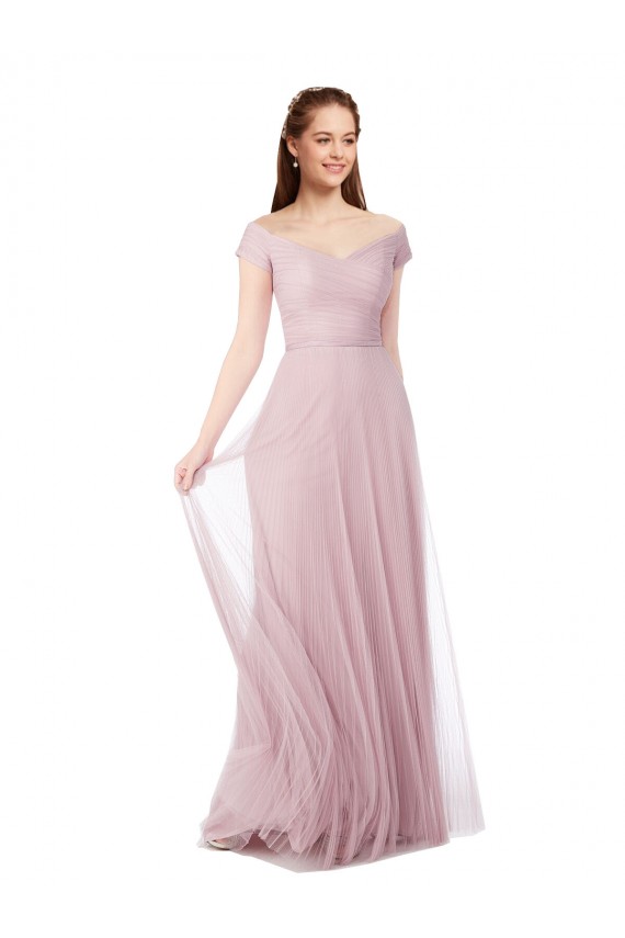 Rosa Tule Linha A Fora do Ombro Longo Vestidos de Madrinha Outlet
