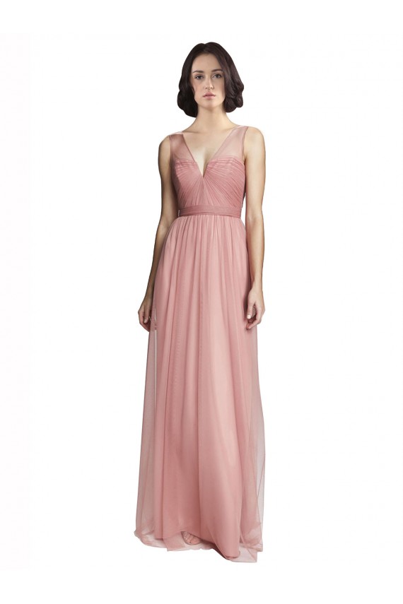 Rose Rosa Linha A Decote V Tule Longo Vestidos de Madrinha Outlet