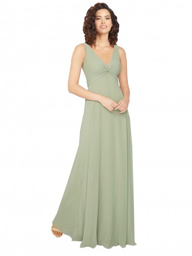 Sábio Chiffon Linha A Costas em V Decote V Longo Vestidos de Madrinha Outlet