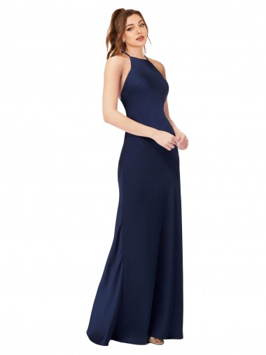 Safira Bainha Decote Alto Cetim Sedoso Longo Formais Vestidos de Madrinha / Vestidos de Festa Outlet
