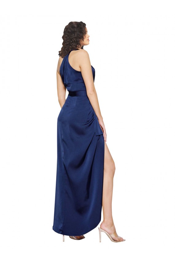 Safira Linha A Cabeçada Alto Baixo Cetim Sedoso Longo Alto Baixo Formais Vestidos de Madrinha / Vestidos de Festa Outlet