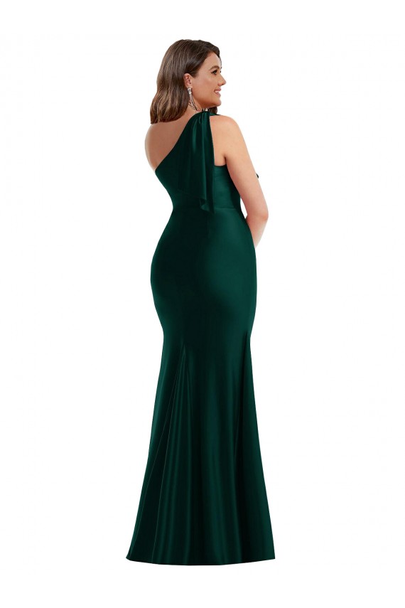 Sempre Verde Sereia Um Ombro Cetim Sedoso Longo Formais Vestidos de Madrinha / Vestidos de Festa Outlet