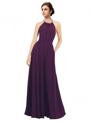 Uva Chiffon Linha A Buraco da fechadura Cabeçada Longo Vestidos de Madrinha Outlet