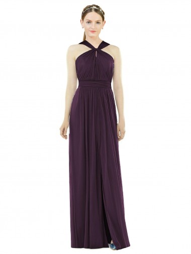 Uva Chiffon Linha A Costas em V Cabeçada Longo Vestidos de Madrinha Outlet
