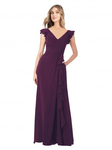 Uva Chiffon Linha A Mangas Curtas Decote V Longo Vestidos de Madrinha Outlet