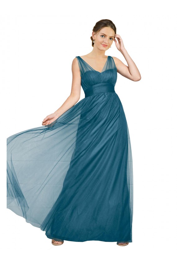 Verde Azulado Linha A Decote V Tule Longo Vestidos de Madrinha Outlet