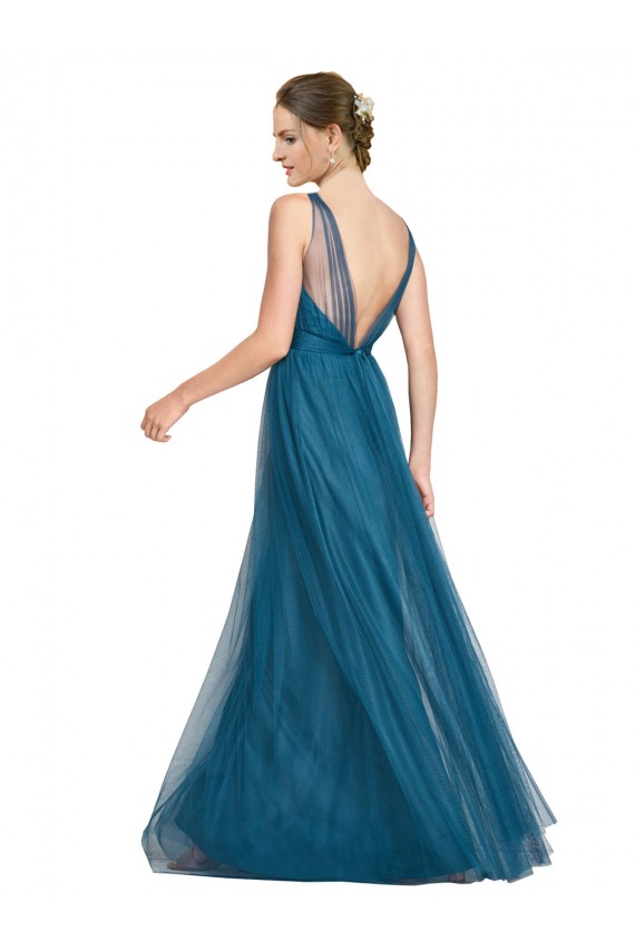 Verde Azulado Linha A Decote V Tule Longo Vestidos de Madrinha Outlet
