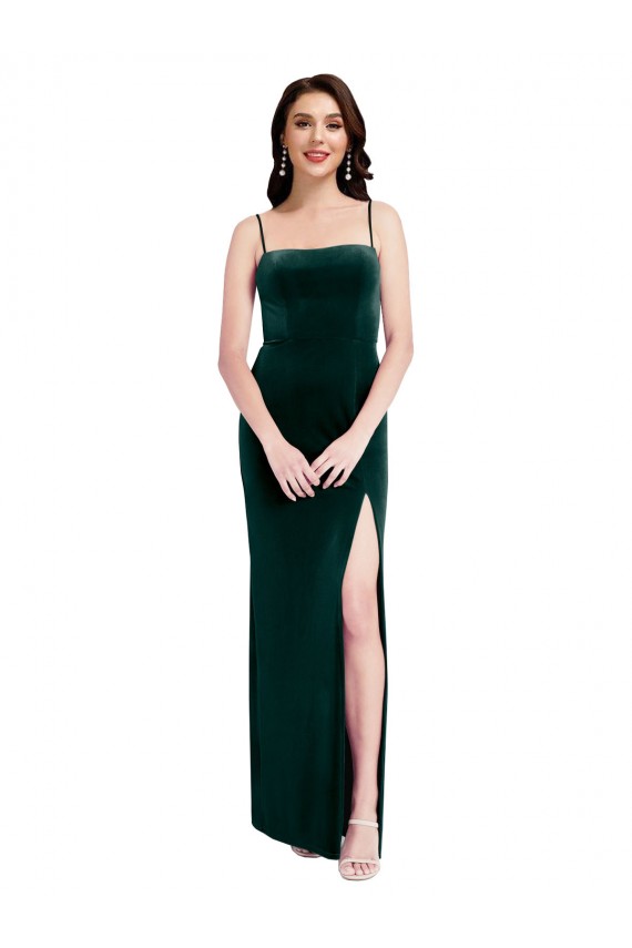 Verde Escuro Bainha Alças finas Veludo Elástico Longo Vestidos de Madrinha / Vestidos de Festa Outlet