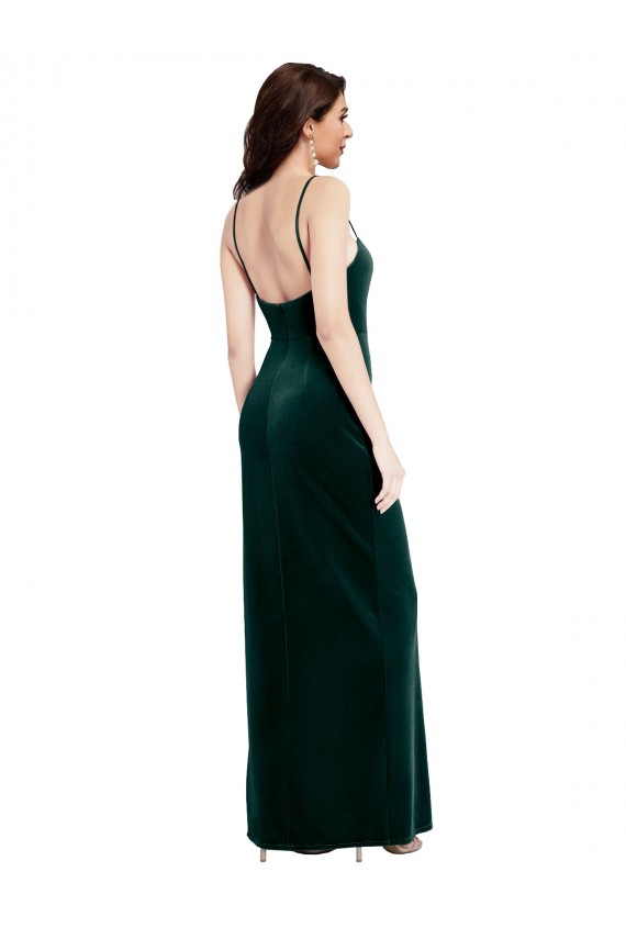 Verde Escuro Bainha Alças finas Veludo Elástico Longo Vestidos de Madrinha / Vestidos de Festa Outlet