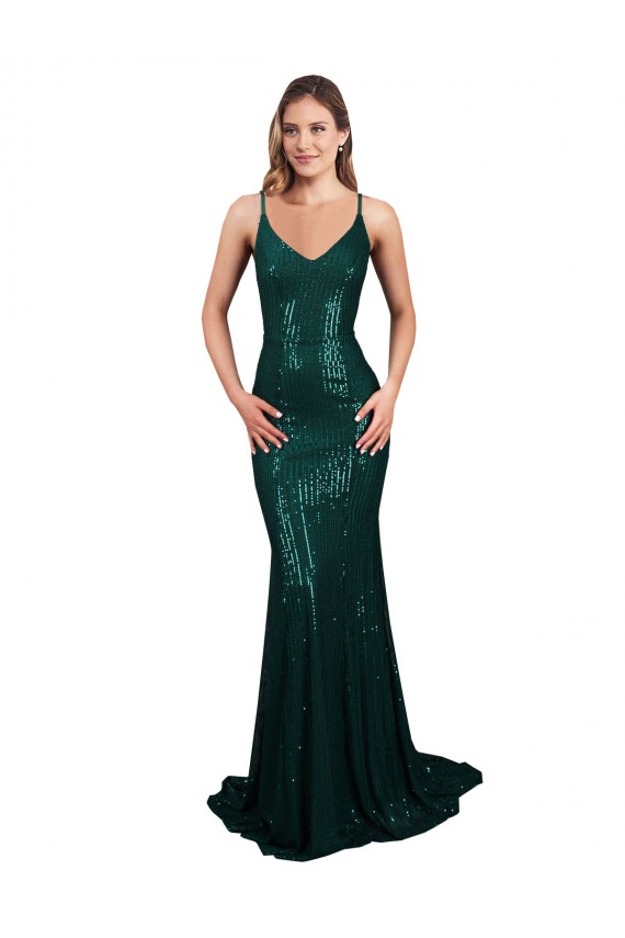 Verde Escuro Lantejoulas Sereia Lombar Decote V Longo Formais Vestidos de Madrinha / Vestidos de Noite / Vestidos de Festa Outlet