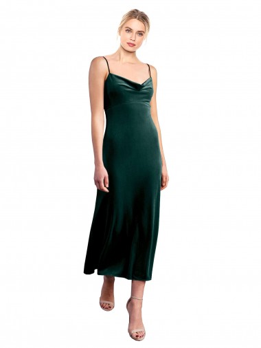 Verde Escuro Linha A Alças finas Comprimento Midi Veludo Elástico Curto Vestidos de Madrinha / Vestidos de Festa Outlet