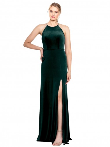 Verde Escuro Linha A Alças finas Veludo Elástico Longo Vestidos de Madrinha / Vestidos de Festa Outlet