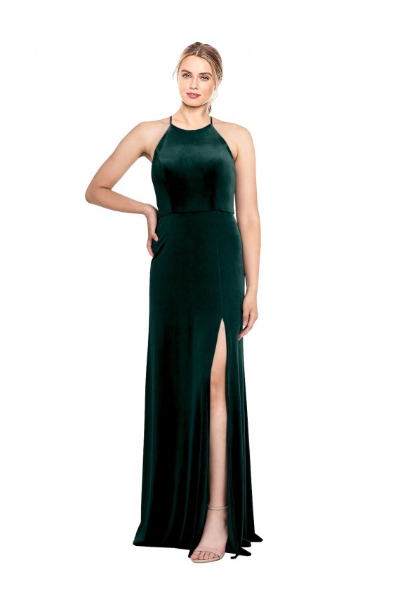 Verde Escuro Linha A Alças finas Veludo Elástico Longo Vestidos de Madrinha / Vestidos de Festa Outlet