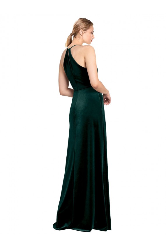 Verde Escuro Linha A Alças finas Veludo Elástico Longo Vestidos de Madrinha / Vestidos de Festa Outlet