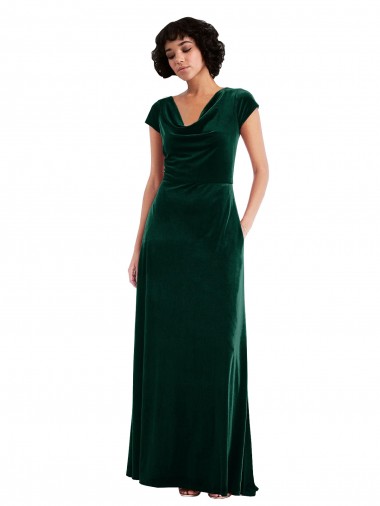 Verde Escuro Linha A Decote Capuz Veludo Elástico Longo Vestidos de Madrinha / Vestidos de Festa Outlet