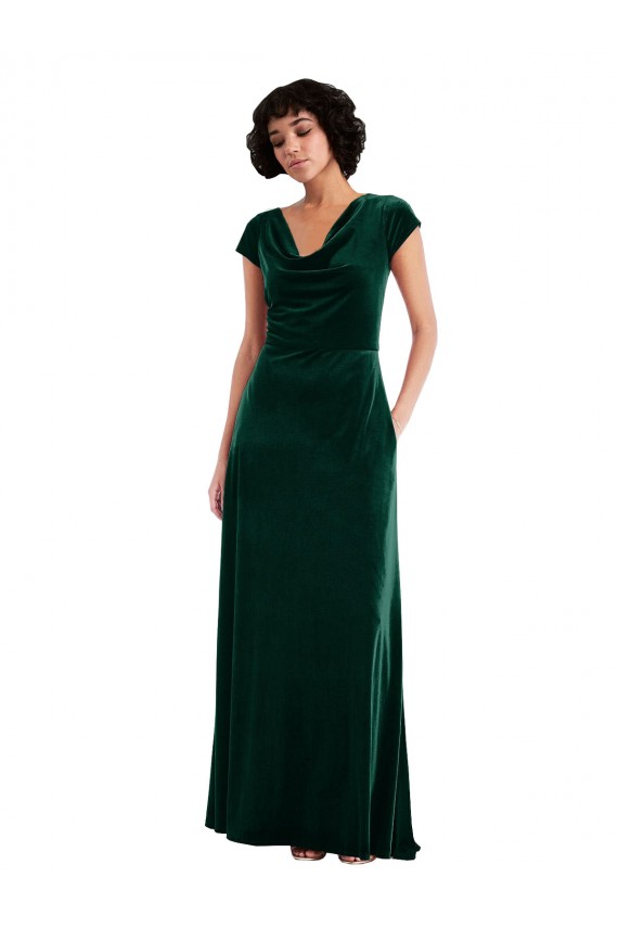 Verde Escuro Linha A Decote Capuz Veludo Elástico Longo Vestidos de Madrinha / Vestidos de Festa Outlet