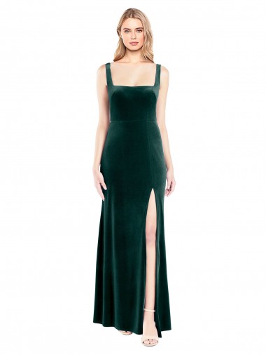 Verde Escuro Linha A Decote Quadrado Veludo Elástico Longo Vestidos de Madrinha / Vestidos de Festa Outlet